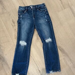 Women's Distressed Straight Leg Jeans - Dark Blue